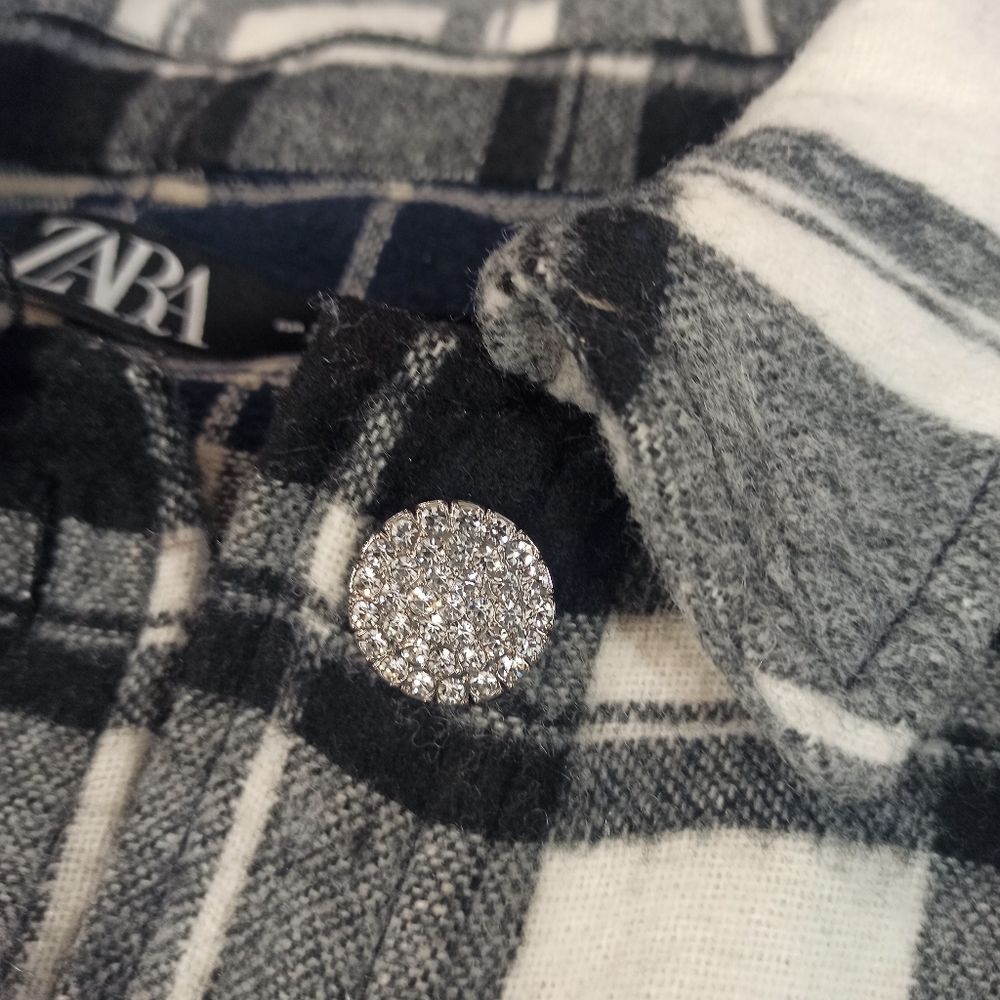zara womens black and white check shirt with diamons buttons and trim Medium - Picture 10 of 15